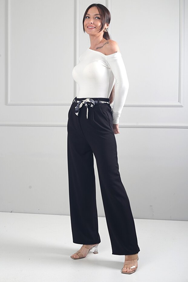 Women's Elastic Waistband Pocketed Knitted Crepe Stretch Fabric Palazzo Pants