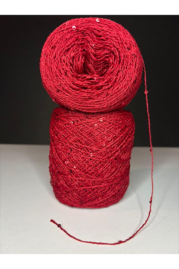 Red Cotton Yarn Viscose , Red Sequin Yarn (Summer, Transitional) Knitting Thread 200Gr