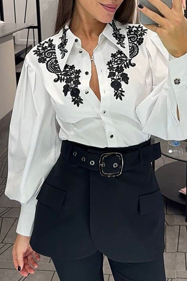 Poplin Pleated and Lace Detail Design Shirt