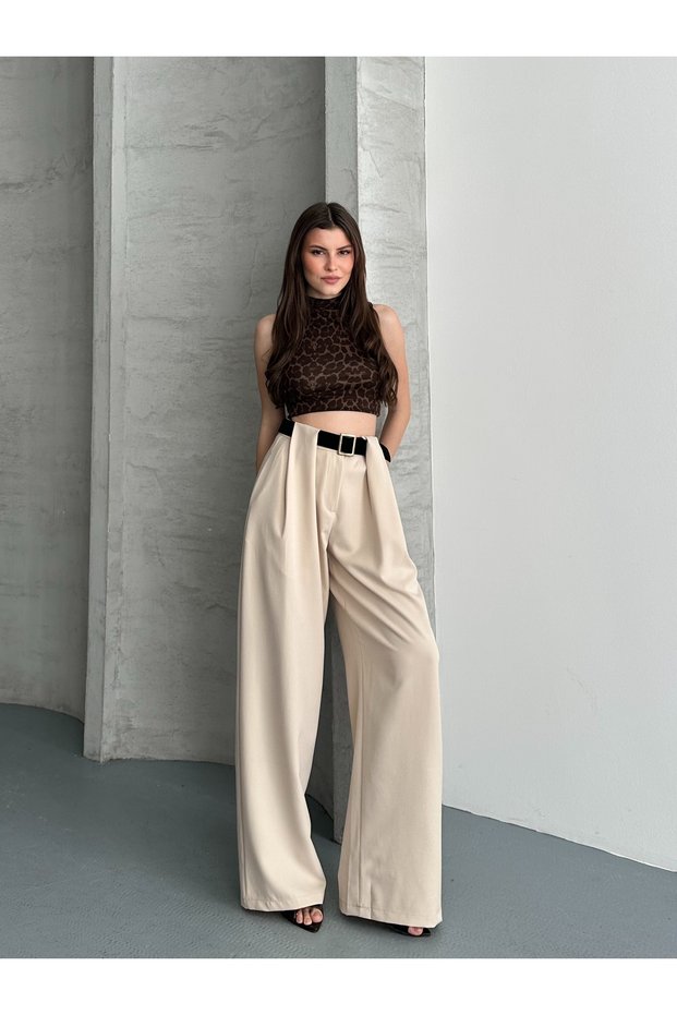 Women's Beige Bridge Detailed Set of Belt Palazzo Pants