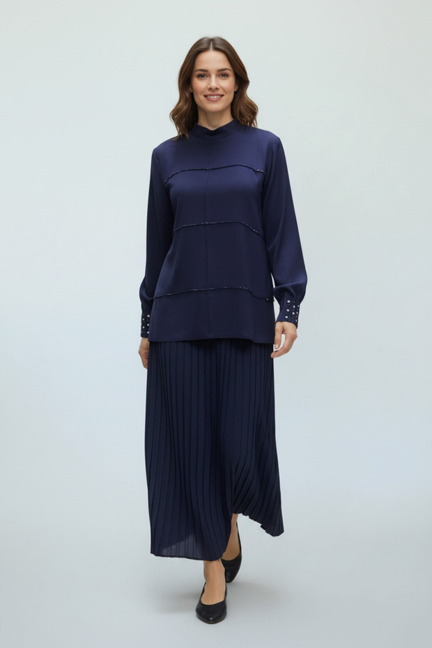 Women's Suit with Stone-Embellished Collar, Front and Back Zippers, Elastic Waist, Pleated Skirt, Two-Piece Set