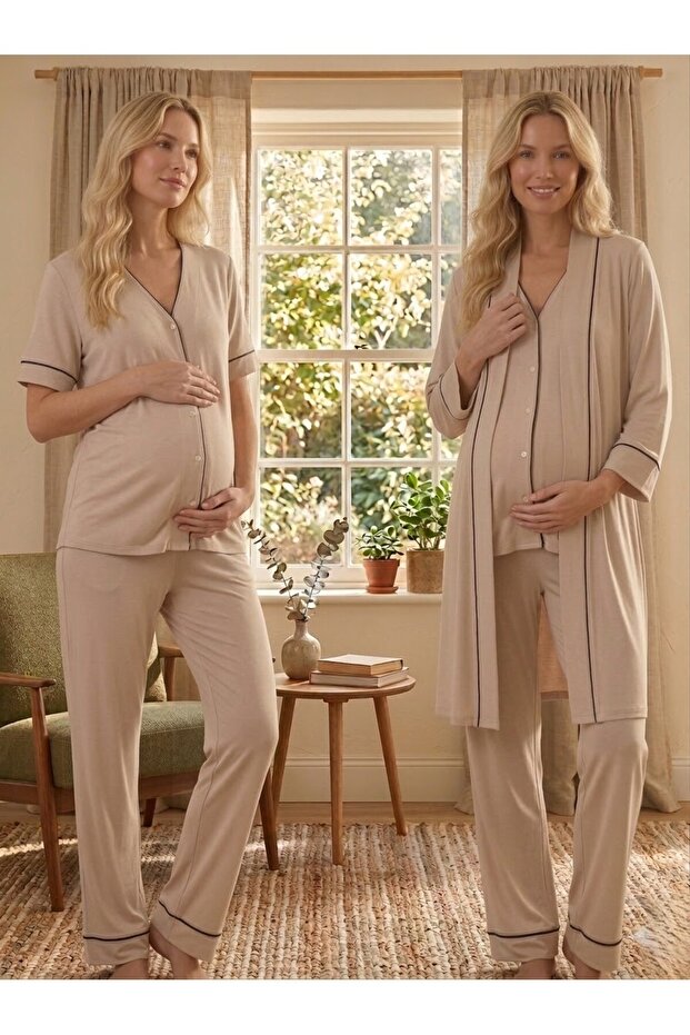 New Season Beige Design Summer Piped Full Buttoned Short Sleeve Cotton Dressing Gown Pajama Set 3-Piece Set