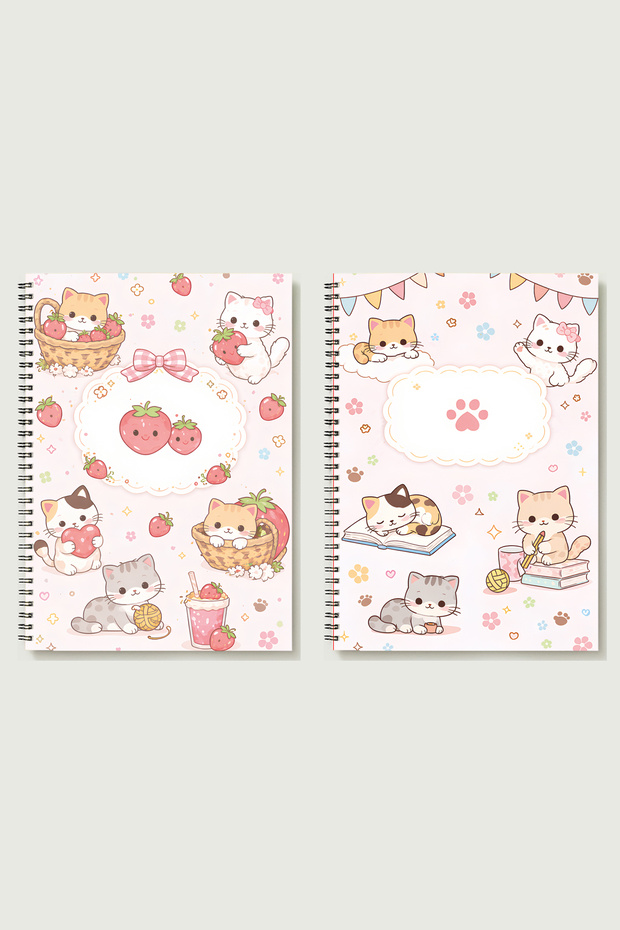 Cat & Strawberry Themed Set of 2 Checkered-Lined A5 Metal Spiral Bound Cardboard Cover 50 Yp 100 Sheets.