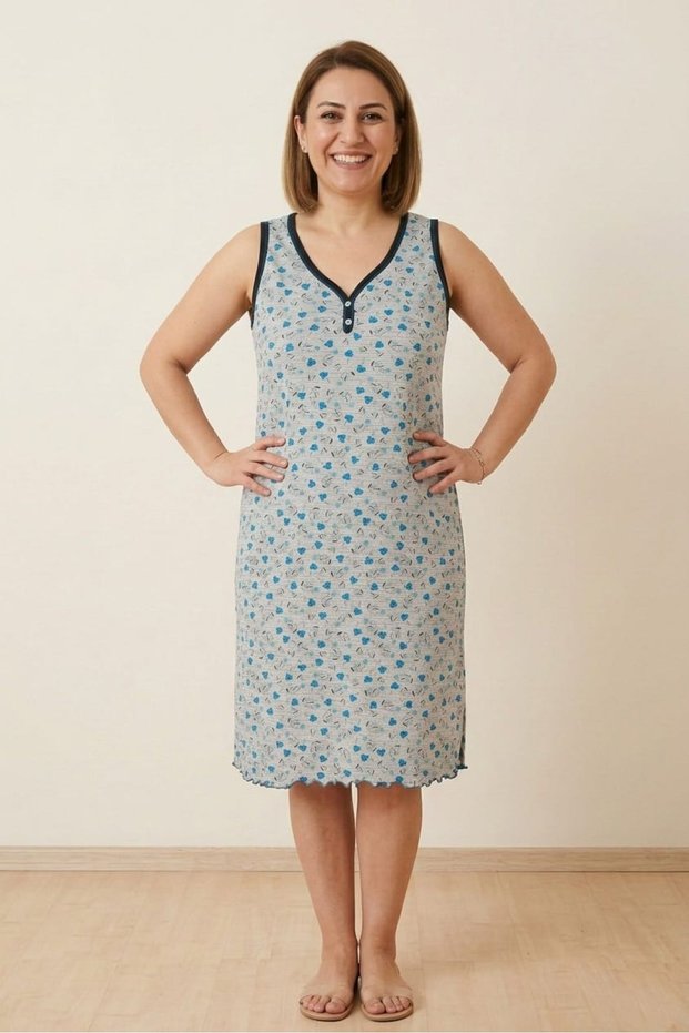 Comfortable Fit Floral Print Cotton Zero Sleeve V-Neck Midi Length Summer Casual Dress / Home Dress