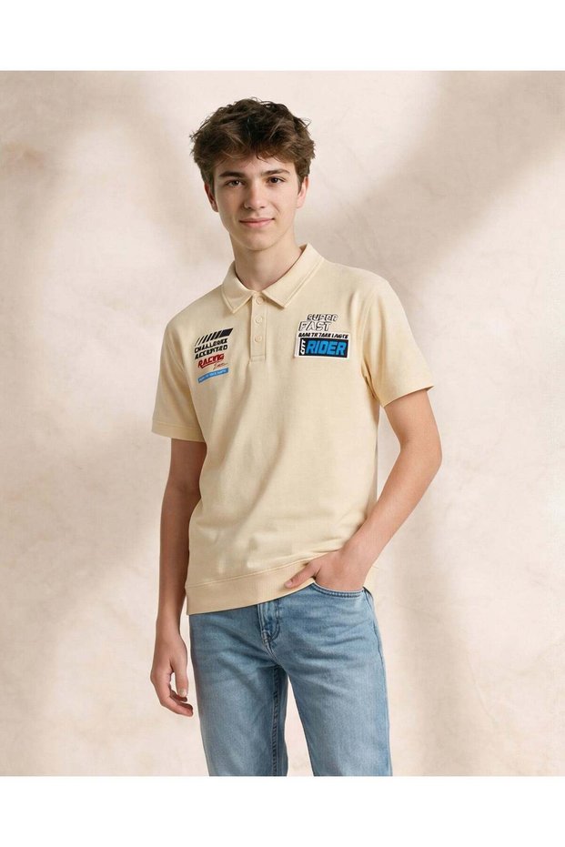 Boys Ivory Placement Print Polo Shirt