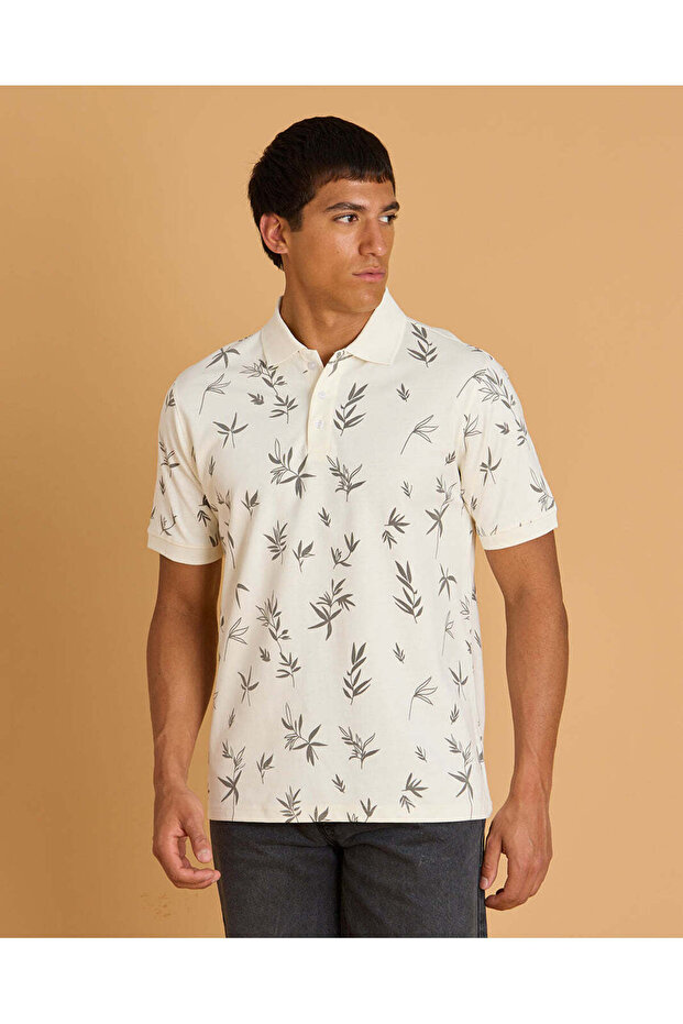 Men White Allover Print Polo Shirt