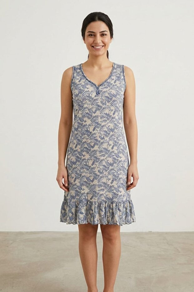 Comfortable Fit 100% Cotton Leaf Patterned Zero Sleeve V-Neck Ruffled Midi Length Summer Casual Women's Dress