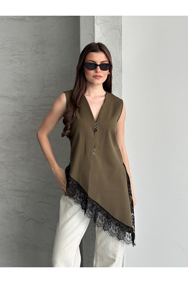 Women's Lace Pack Asymmetrical Cut Stylish Vest Blouse - Khaki
