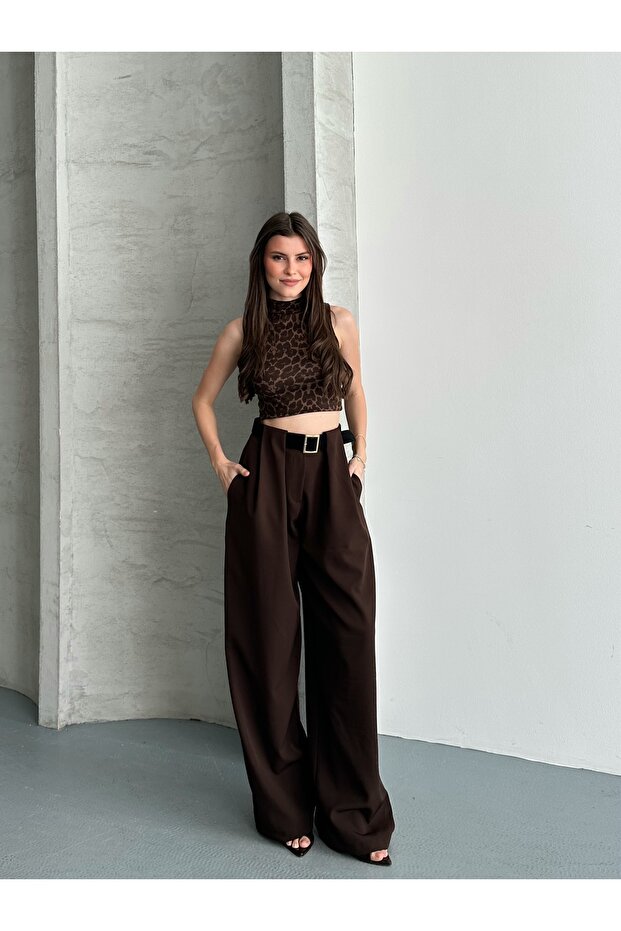 Women's Coffee Bridge Detailed Belted Palazzo Trousers