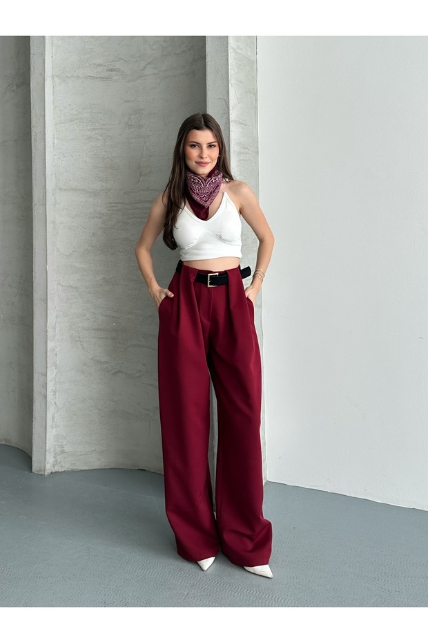 Women's Burgundy Bridge Detailed Set of Belt Palazzo Pants