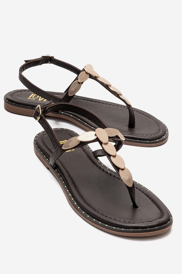 Marea Brown Genuine Leather Flip Flops Gold Buckled Women's Sandals