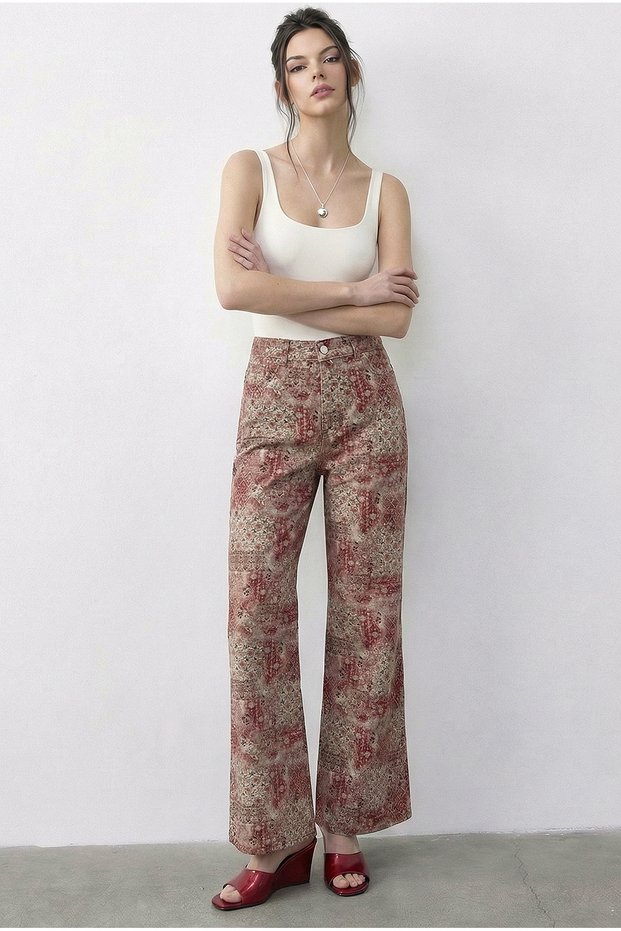 Women's Powder Vintage Pattern High Waist Denim Trousers Dp251033 60286008