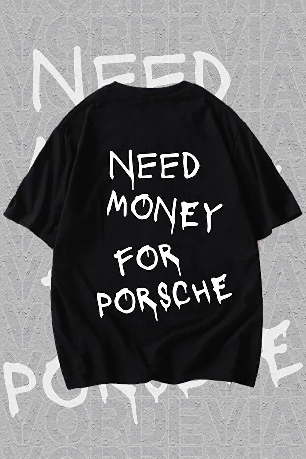 تي شيرت أسود كبير الحجم مطبوع عليه صورة "Need Money For Porsche
