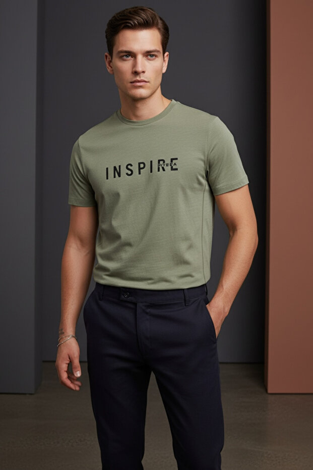 Men's Inspire Printed Single Jersey Fabric Basic T-Shirt – Slim Fit Cotton Men's T-Shirt Light Khaki-181