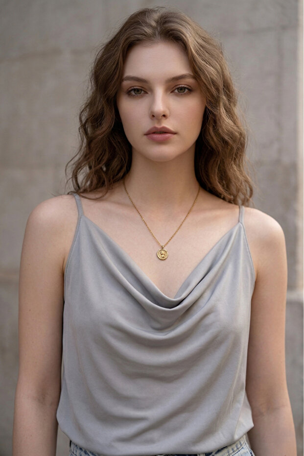 Women's Gray Degaje Collar Adjustable Rope Strap Sandy Fabric Athlete Blouse