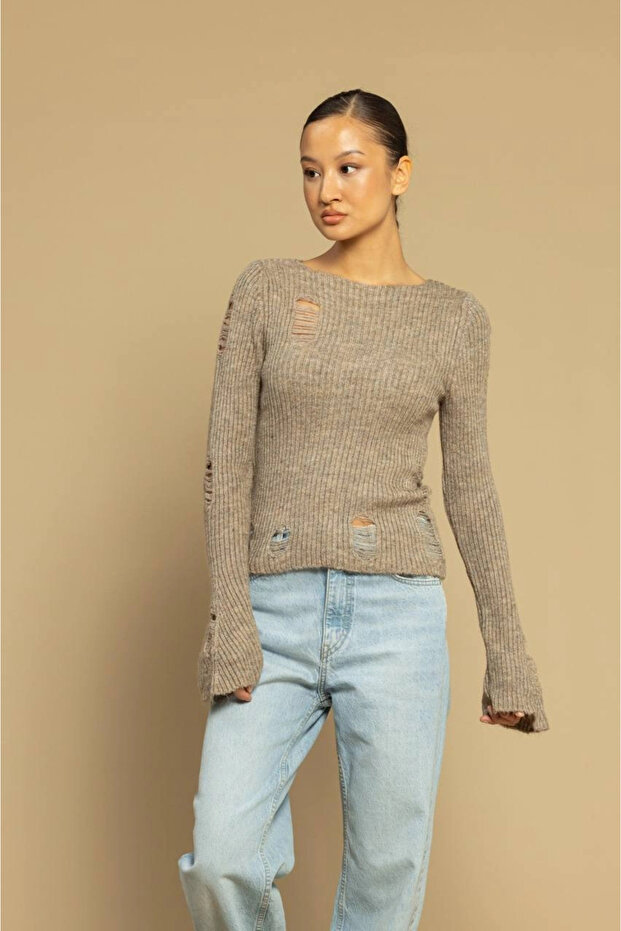 Ripped Detailed Knitwear Sweater-Mink
