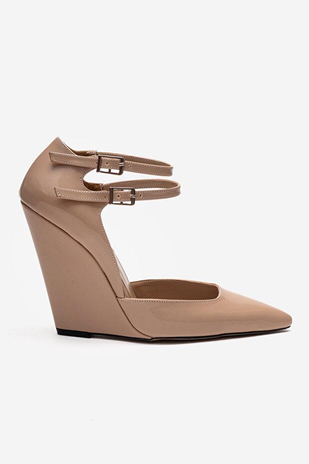 Nude Patent Leather Pointed Toe Wedge Heel Open Back Women's Shoes Vitton