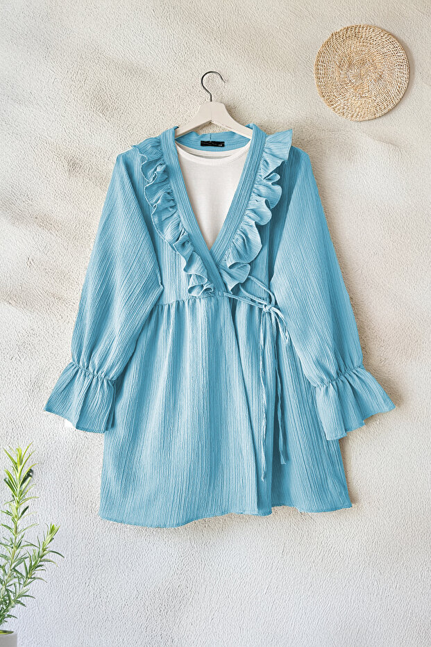 Collar Ruffled Side String B Tie-Detail Kimono - Baby Blue