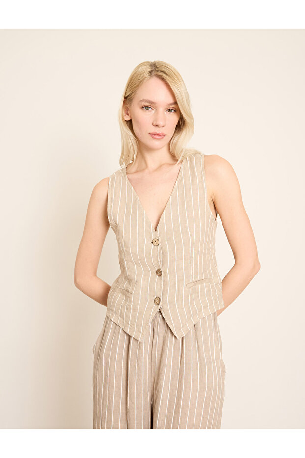 زر أمامي مخطط كتان سترة - 5