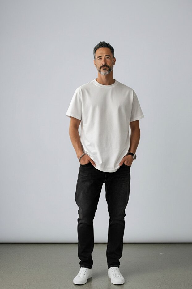 Erkek Beyaz Basic Oversize T-shirt - 1