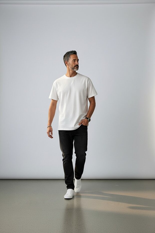 Erkek Beyaz Basic Oversize T-shirt - 2