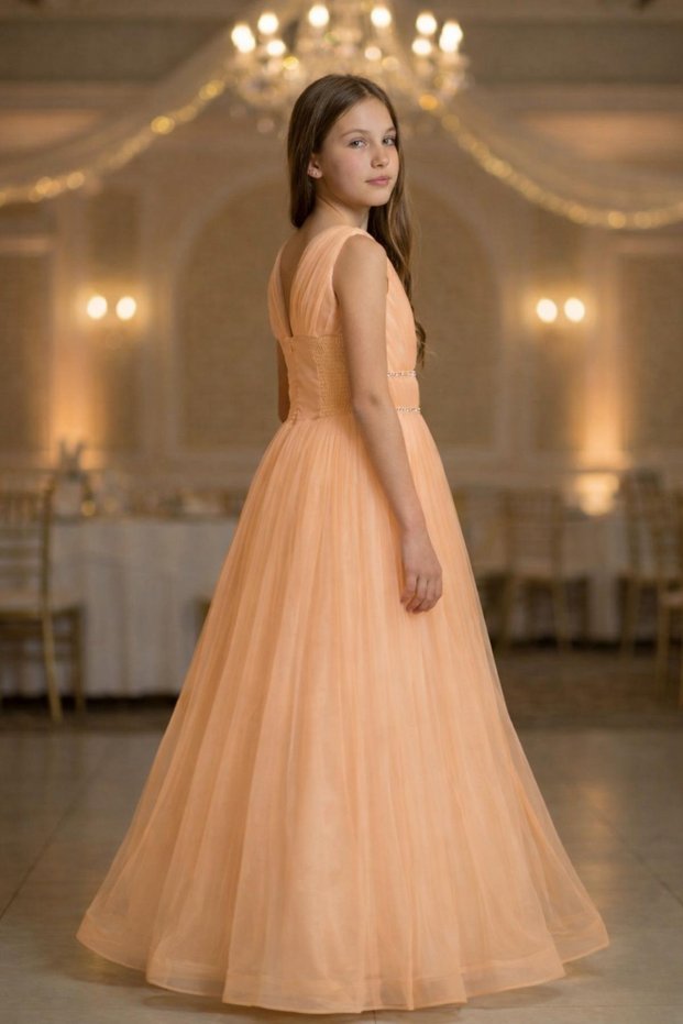 Girls' V-Neck Beaded Waist Detail Tulle Long Evening Dress ABY2027