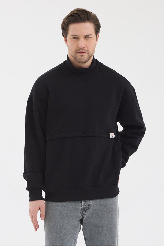 Urban Fit Black Mock Neck Oversized Label Detailed Brushed Inside Sweatshirt