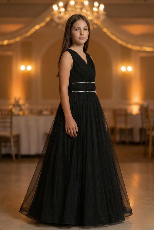 Girls' V-Neck Beaded Waist Detail Tulle Long Evening Dress ABY2027