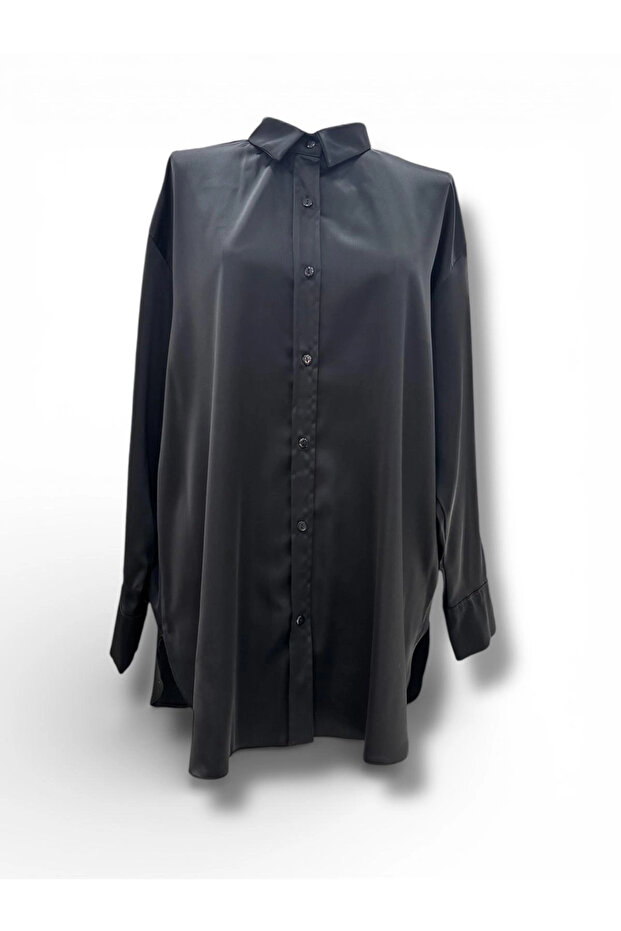 Our Black Oversized Satin Fabric Shirt Model