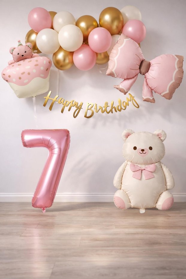 Retro 7 Year Old Teddy Bear Tempted Baby Girl Birthday Set