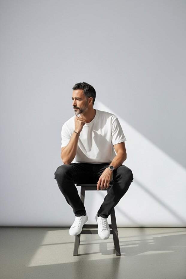 Erkek Beyaz Basic Oversize T-shirt - 3