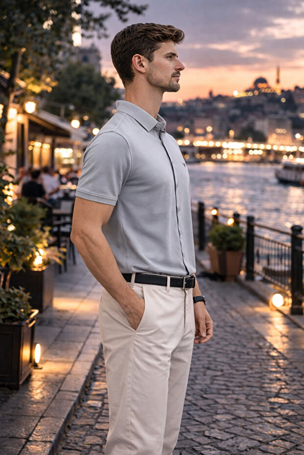 Erkek Günlük Trend Basic Gri Gömlek - 2