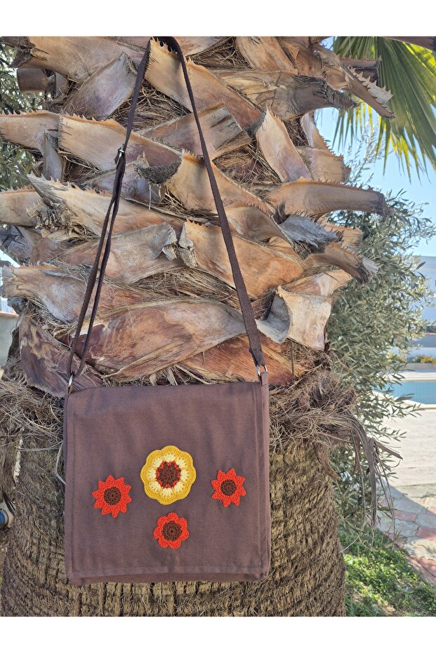 Knitted Flower Detail, Brown Duck Fabric, Covered Cloth Messenger Bag