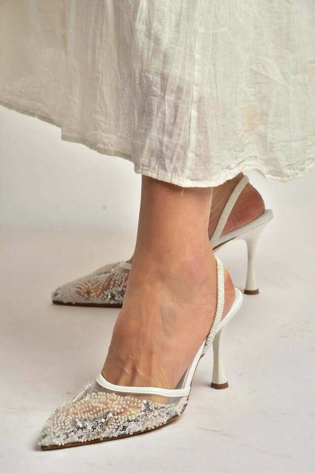 Y726493615 White Mesh Sequin Embroidered İ Stiletto Heel Women's Shoes