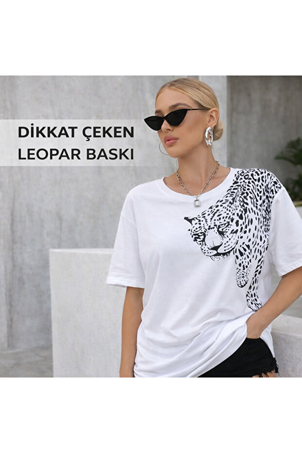 Women's White Leopard Print T-Shirt Gold Foil Patterned Oversized Basic Summer T-Shirt
