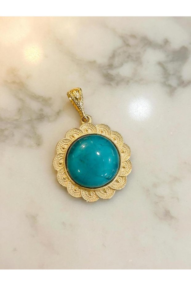 Natural Handmade Gold Framed Turquoise Colored Murano Glass Pendant