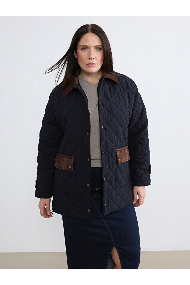 Navy Blue Plus Size Velvet Collar Quilted Women's Coat