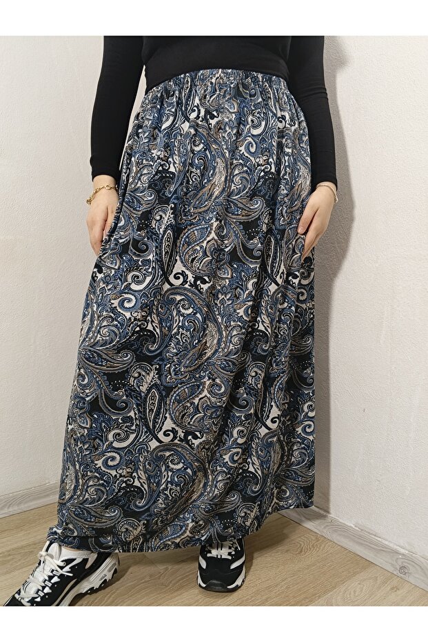 Elastic Waist Patterned Medium Thickness Combed Cotton Fabric Maxi Length Mother's Skirt, Prayer Skirt Size 38-50