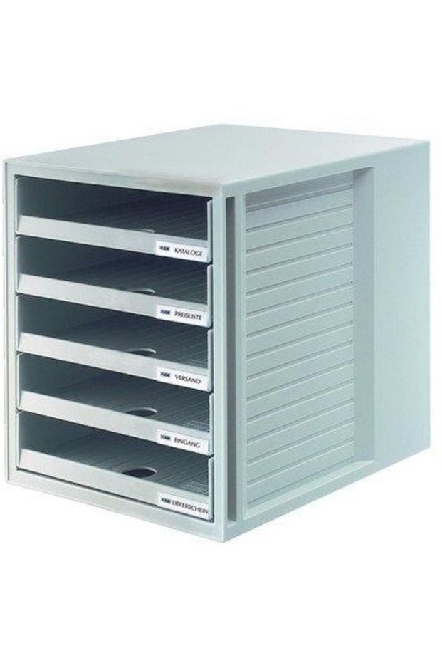Plastic support with 5 drawers for documents, (open) - light gray