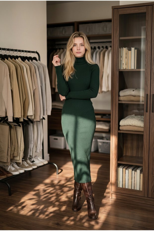 Women's High-Neck Long-Sleeved Bodycon Corded Fabric Knitwear Midi Dress