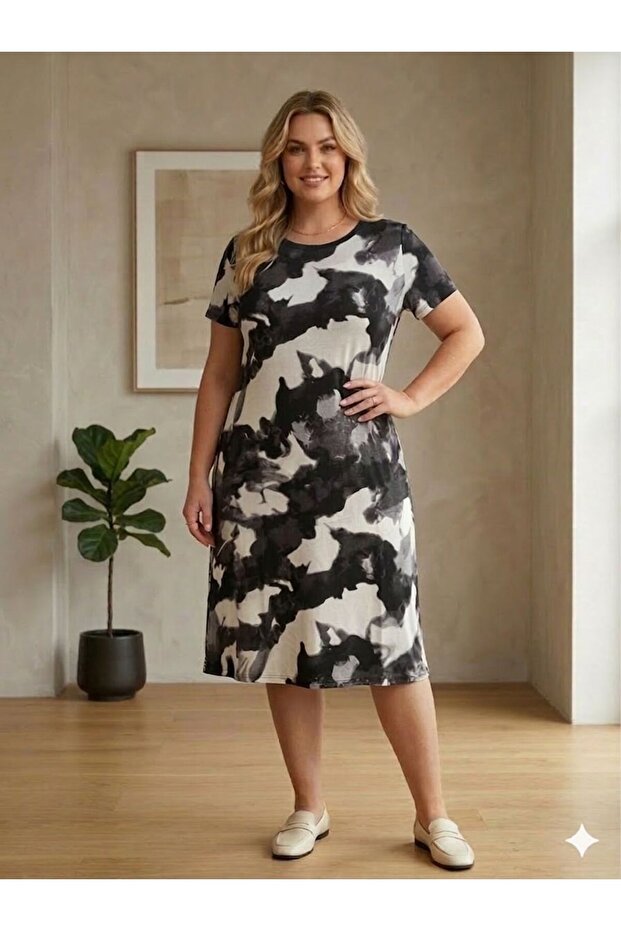 Plus Size Woven Viscose Yandan C Pocketed Relaxed Fit High Quality Dress