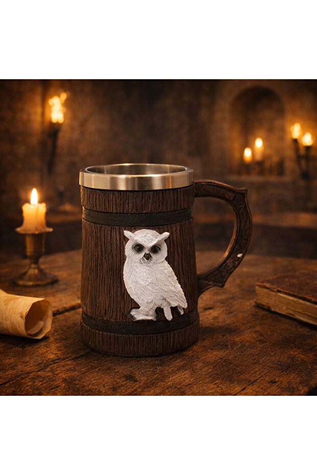 Medieval Viking Style Wooden Look Mug with Owl Figure – Decorative Medieval Mug