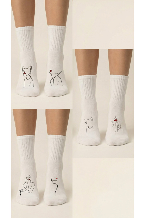Unisex White Long Socks with Women's Figures - Breathable Cotton Pack - Helps Reduce Odor Formation 6-Pack
