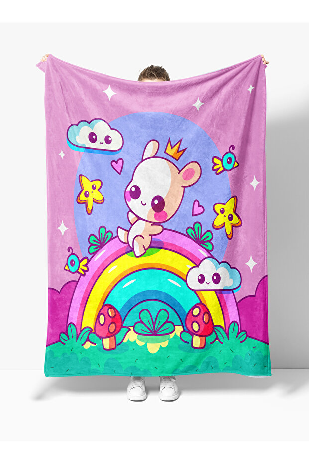 Rainbow Teddy Bear Patterned 3D Digital Print Girl Child Fleece Tv Blanket Si