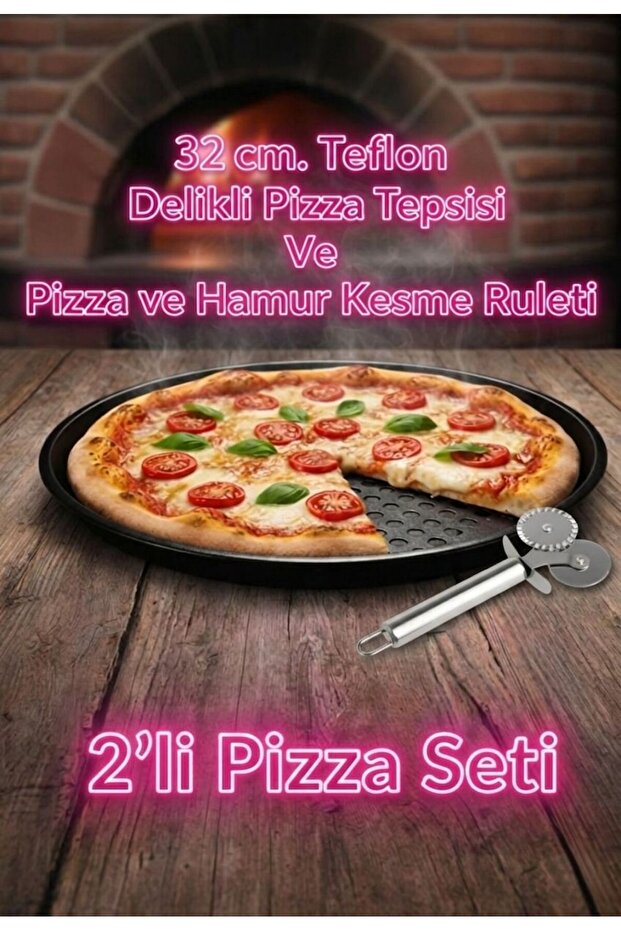 32cm Teflon Perforated Pizza Tray and Pizza - Dough Cutting Roulette