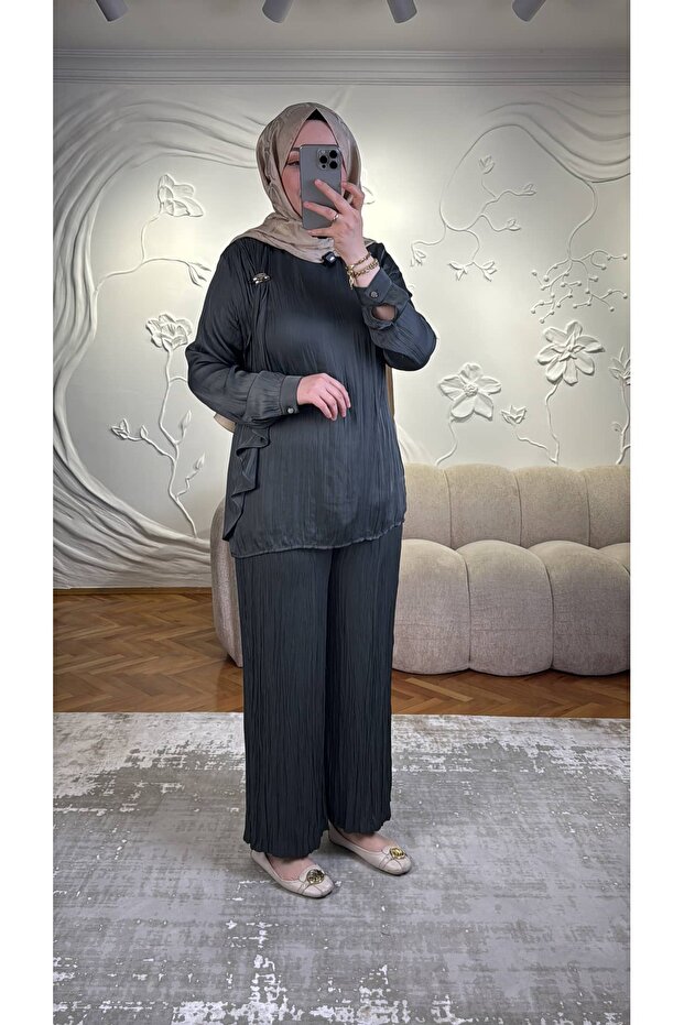 Metal Buckle Scarf Detail Pants Suit Anthracite