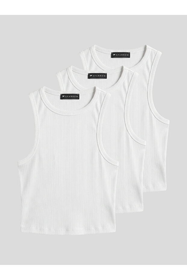 Women's 3-Piece White Corded Fabric Slimfit Body-Fitting Halter Neck Cropped Undershirt