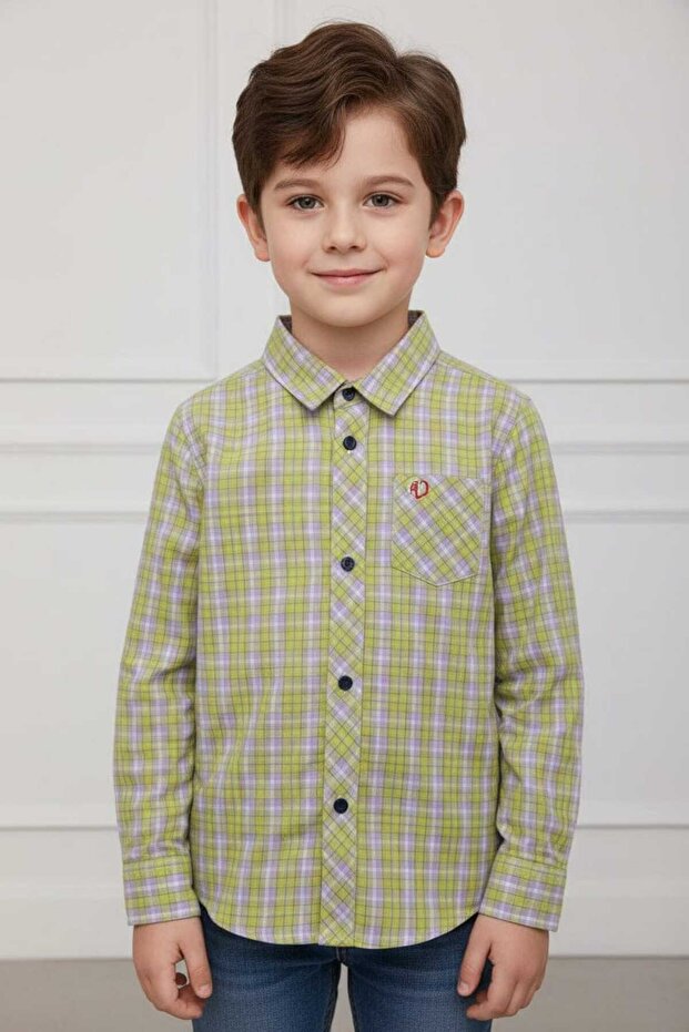 Boys Lime Green Check Long Sleeve Shirt Navy Contrast Buttons 2–12 Years /MH