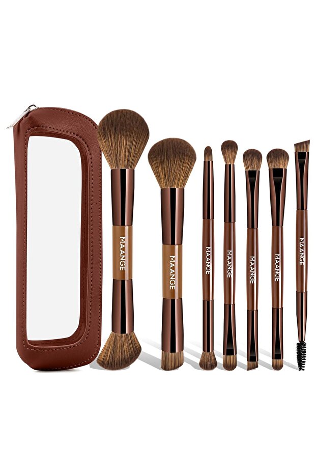 7 Piece Double Ended Makeup Brush Set - Professional Cosmetic Brushes (Dark Brown)