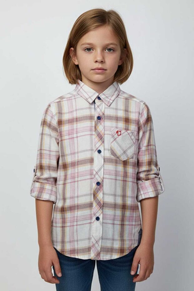 Boys Cream & Pink Brown Plaid Flannel Shirt. 2–12 Years .MH